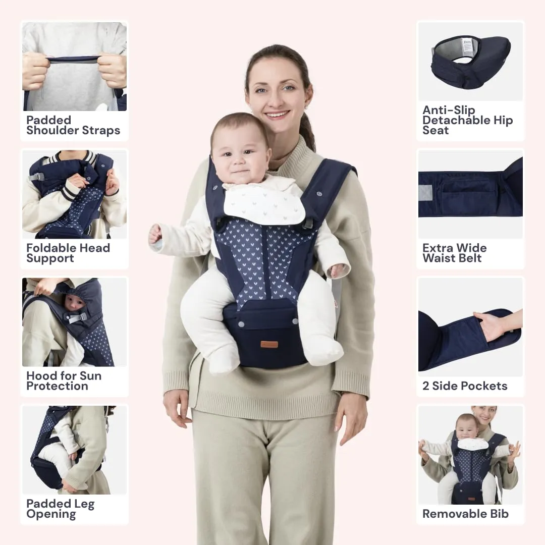 BabbleRoo 6-in-1 Baby Carrier with Hip Seat, Ergonomic, Cozy & Adjustable Toddler Carrier 7-50 lbs with Hip & Lumbar Support, Hood for Sun Protection, Baby Carrier Newborn to Toddler, Navy Hearts