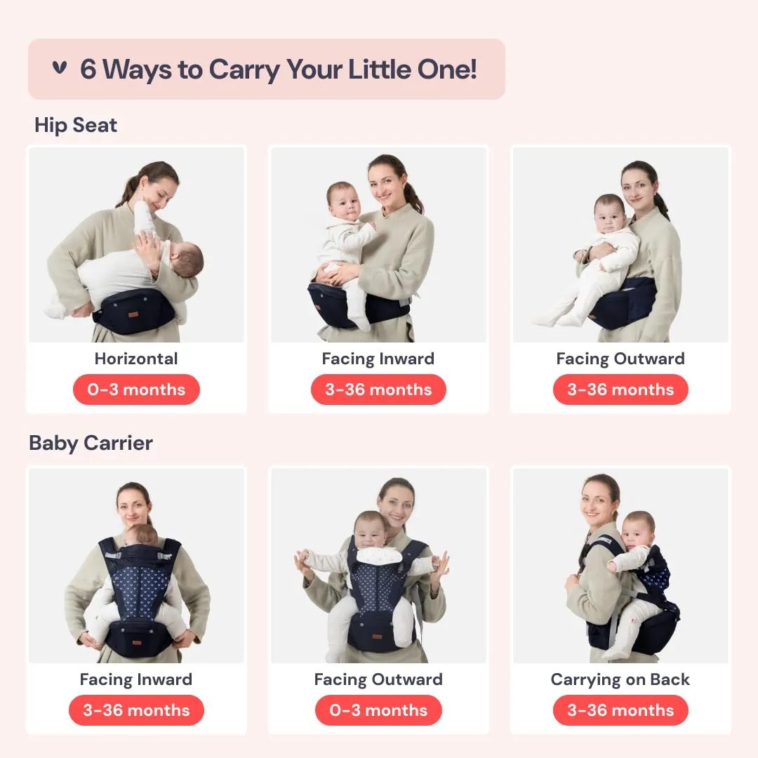 BabbleRoo 6-in-1 Baby Carrier with Hip Seat, Ergonomic, Cozy & Adjustable Toddler Carrier 7-50 lbs with Hip & Lumbar Support, Hood for Sun Protection, Baby Carrier Newborn to Toddler, Navy Hearts