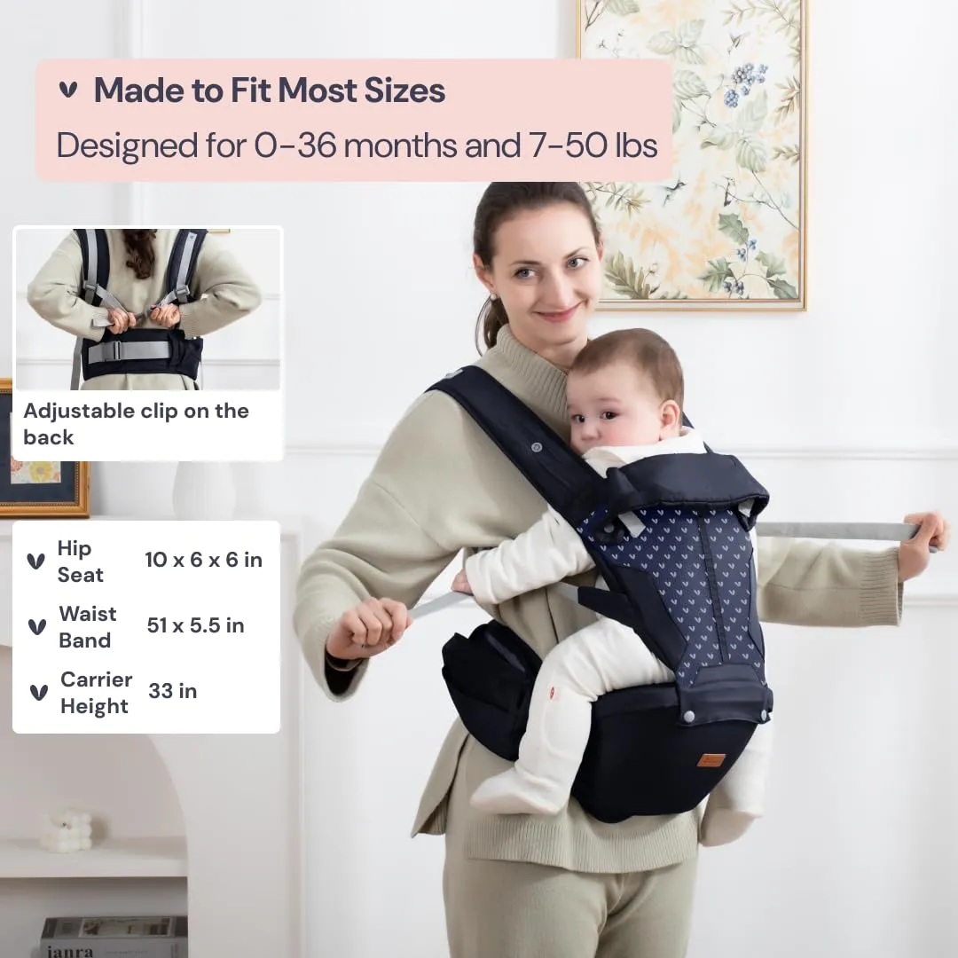 BabbleRoo 6-in-1 Baby Carrier with Hip Seat, Ergonomic, Cozy & Adjustable Toddler Carrier 7-50 lbs with Hip & Lumbar Support, Hood for Sun Protection, Baby Carrier Newborn to Toddler, Navy Hearts