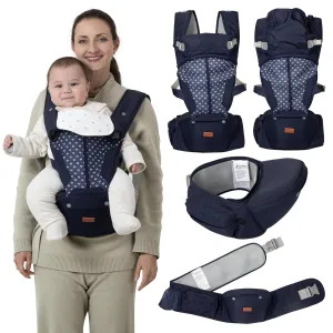 BabbleRoo 6-in-1 Baby Carrier with Hip Seat, Ergonomic, Cozy & Adjustable Toddler Carrier 7-50 lbs with Hip & Lumbar Support, Hood for Sun Protection, Baby Carrier Newborn to Toddler, Navy Hearts