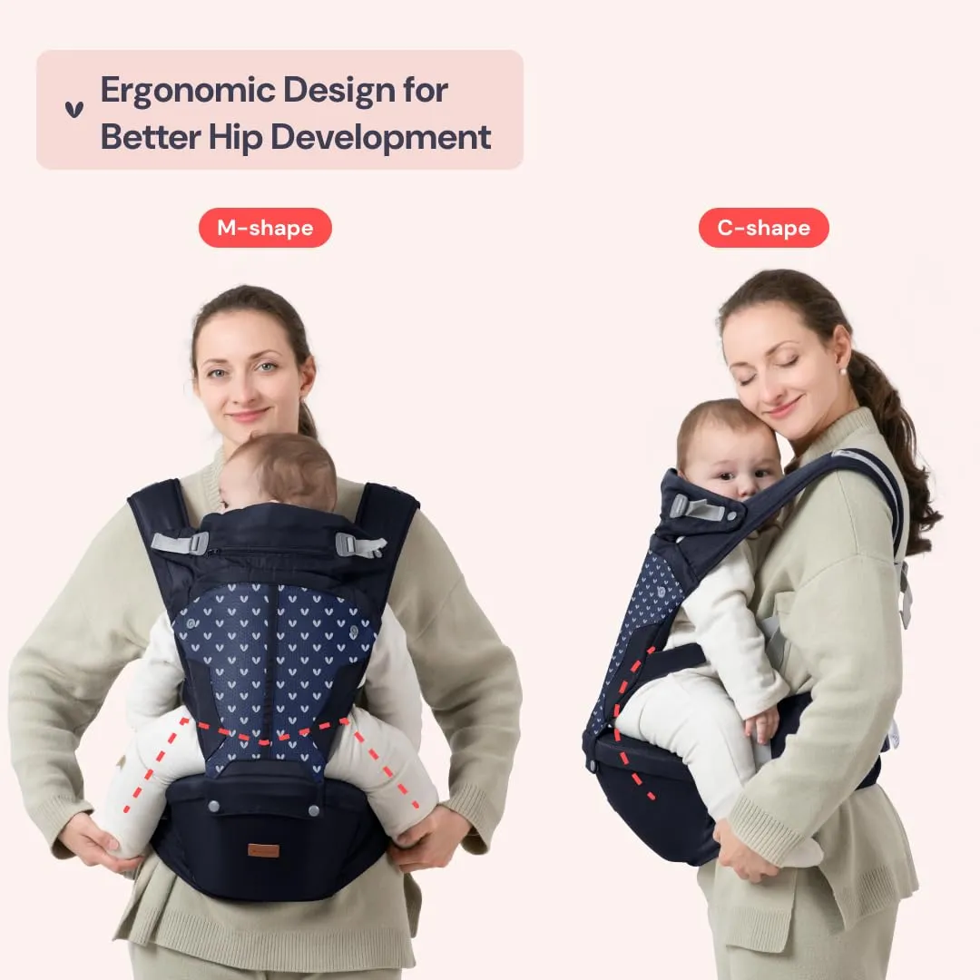 BabbleRoo 6-in-1 Baby Carrier with Hip Seat, Ergonomic, Cozy & Adjustable Toddler Carrier 7-50 lbs with Hip & Lumbar Support, Hood for Sun Protection, Baby Carrier Newborn to Toddler, Navy Hearts