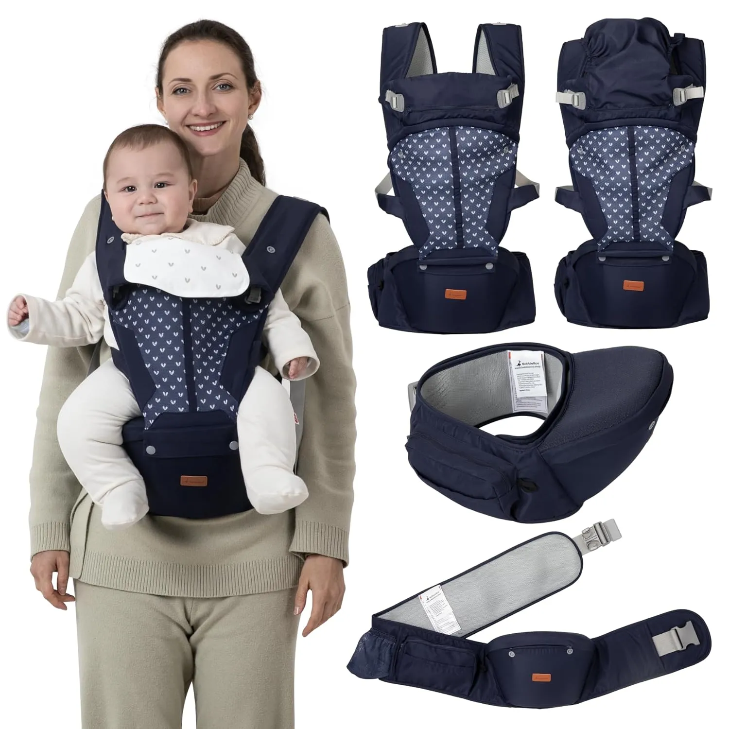 BabbleRoo 6-in-1 Baby Carrier with Hip Seat, Ergonomic, Cozy & Adjustable Toddler Carrier 7-50 lbs with Hip & Lumbar Support, Hood for Sun Protection, Baby Carrier Newborn to Toddler, Navy Hearts
