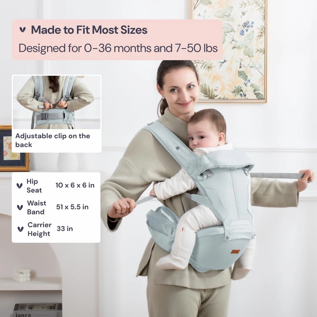 BabbleRoo 6-in-1 Baby Carrier with Hip Seat, Ergonomic, Cozy & Adjustable Toddler Carrier 7-50 lbs with Hip & Lumbar Support, Hood for Sun Protection, Baby Carrier Newborn to Toddler, Seafoam