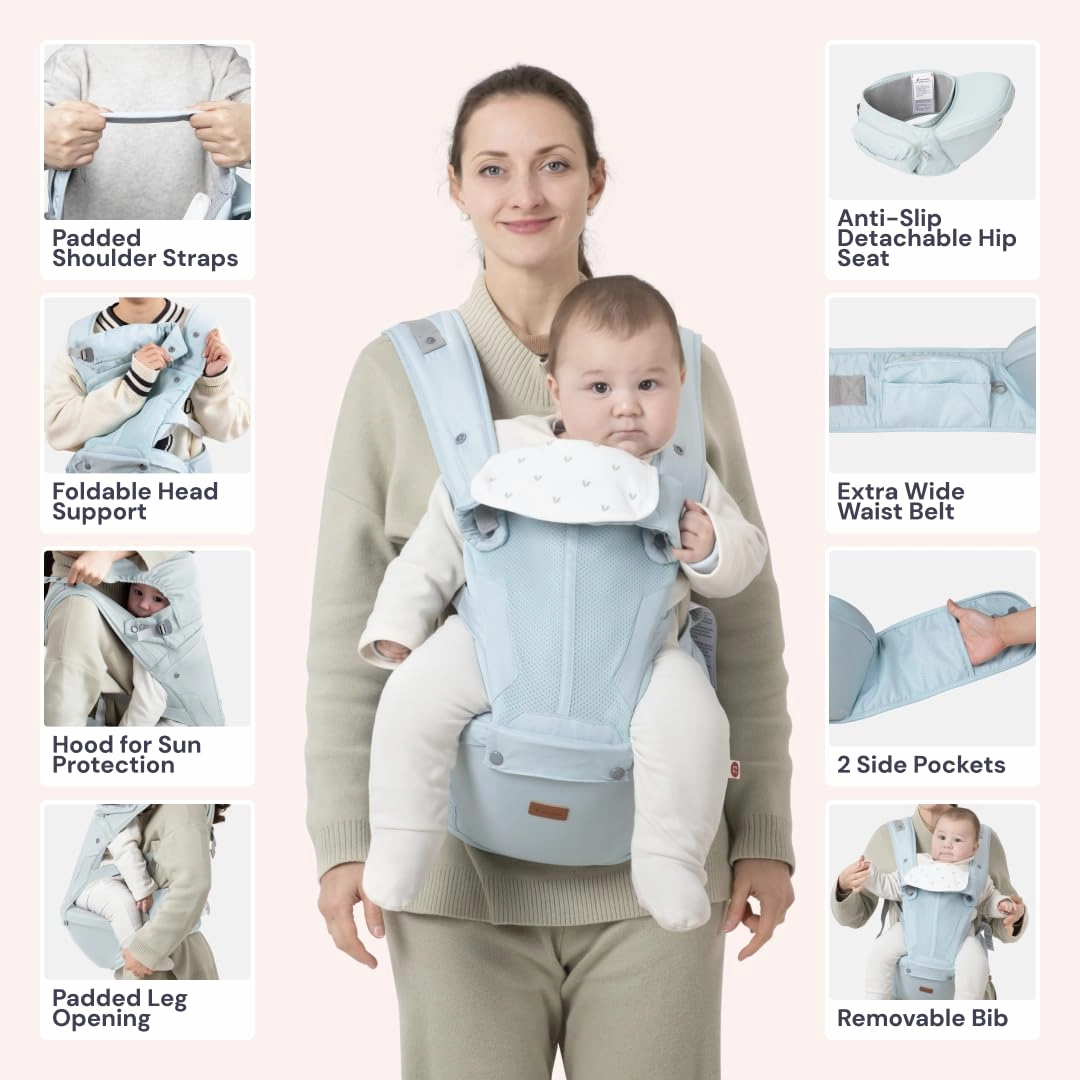 BabbleRoo 6-in-1 Baby Carrier with Hip Seat, Ergonomic, Cozy & Adjustable Toddler Carrier 7-50 lbs with Hip & Lumbar Support, Hood for Sun Protection, Baby Carrier Newborn to Toddler, Seafoam