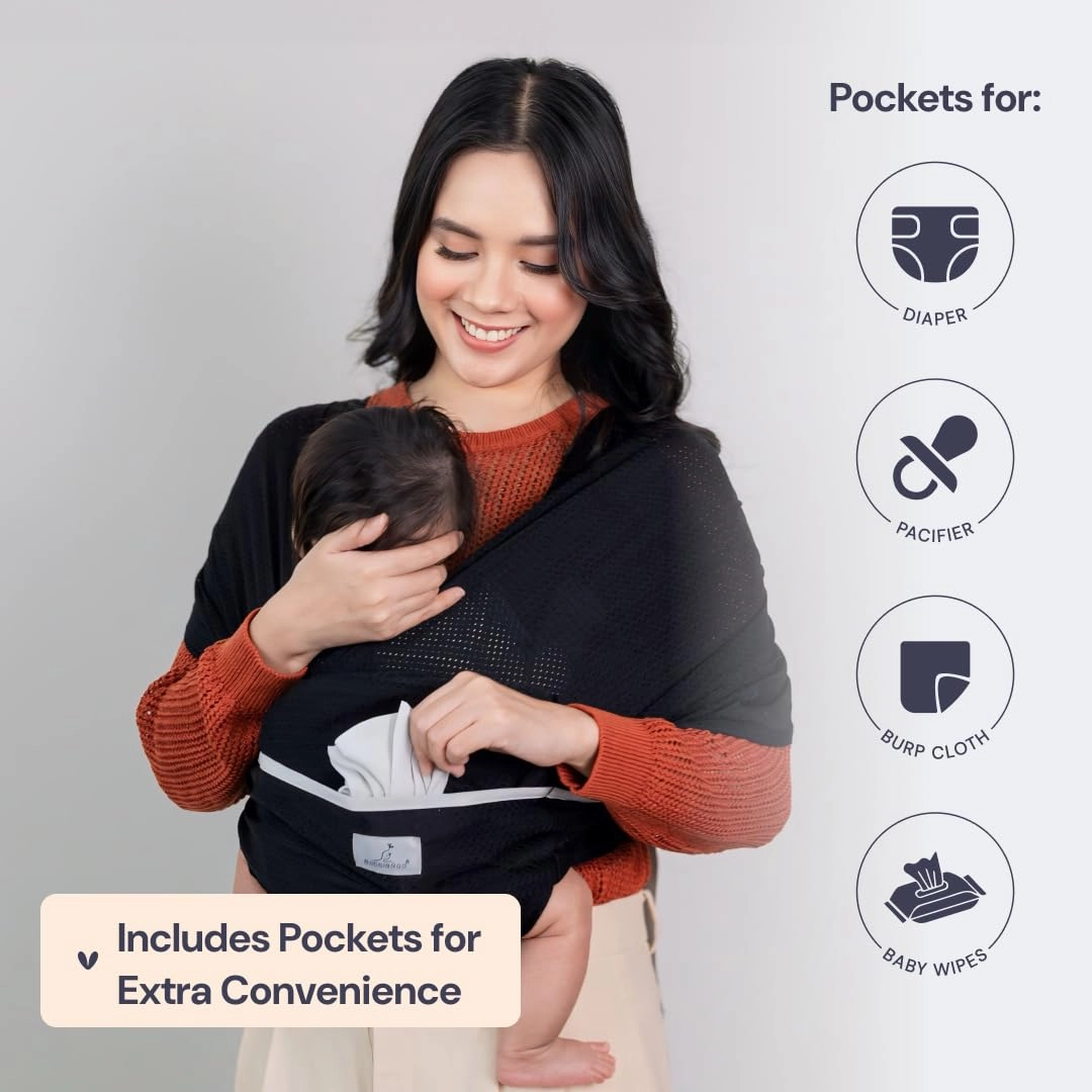 BabbleRoo Baby Wraps Carrier - Baby Essentials Baby Sling Carrier, Secure & Comfortable, Breathable, Easy-to-use, Adjustable XS to XL, Promoting Parent-Child Bonding, Black