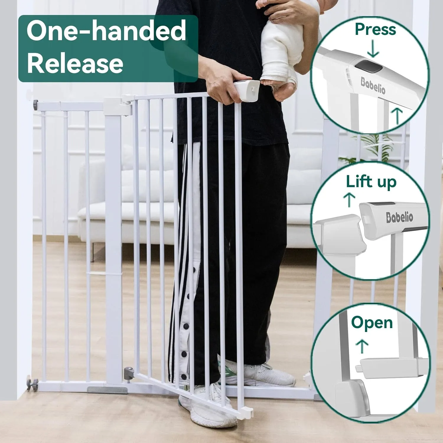 BABELIO 36" Tall Baby Gate, 29-48" Auto Close Pressure Mounted Dog Gate for Stairs, Doorways & Hallway, Protector Basics Easy Walk Thru Pet Gate, Metal Child Gate with 2*Y Spindle Rods, White