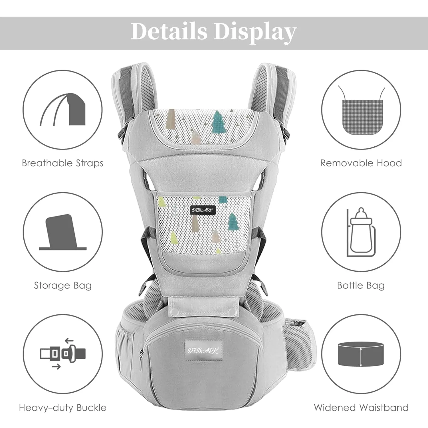 Baby Carrier Newborn to Toddler - Debark Baby Carrier with Hip Seat, 6-in-1 Adjustable Detachable Ergonomic Infant Carrier for Babies from 0-36 Months, Ideal for Baby Travel Essentials (Grey)