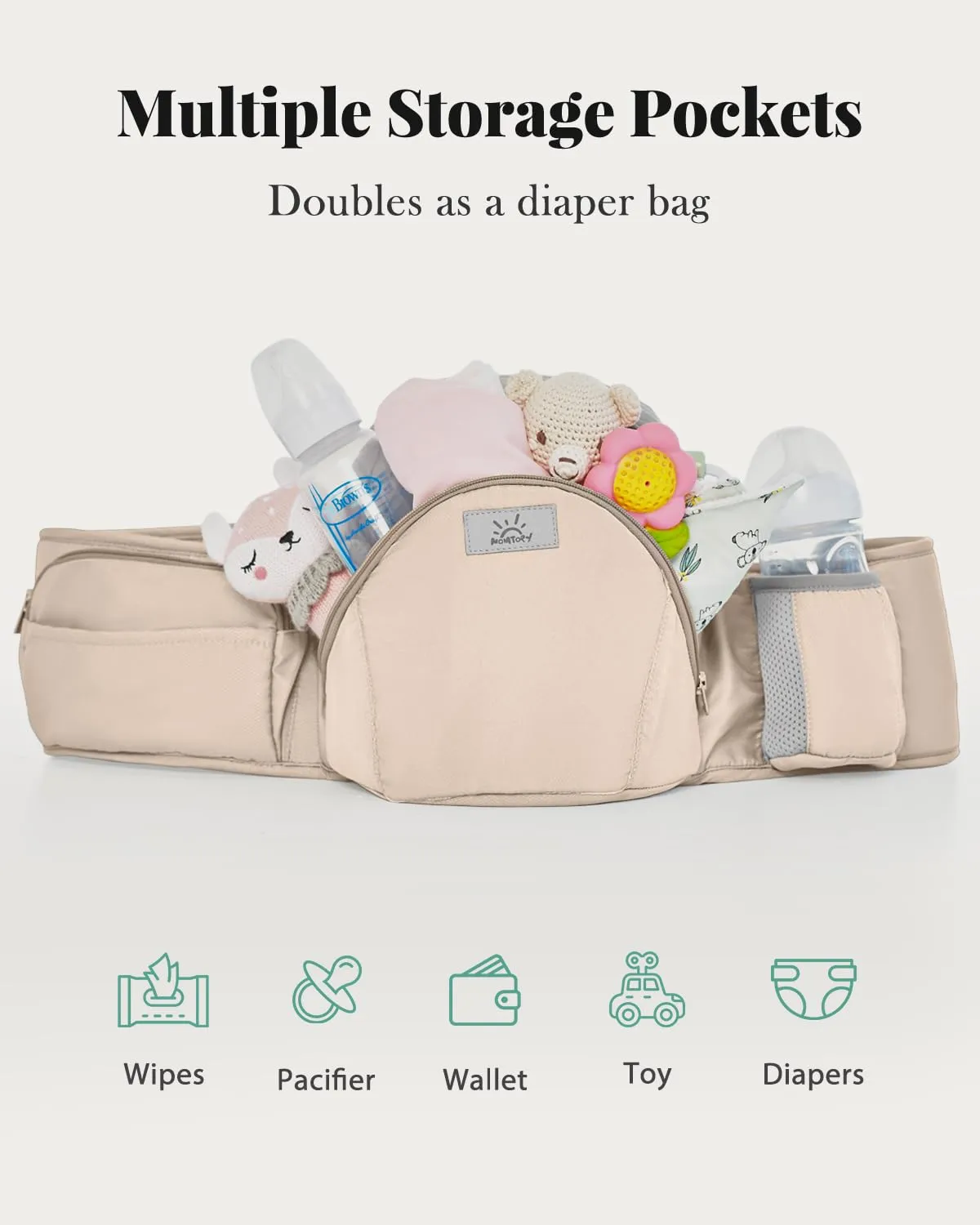 Baby Carrier Pro, MOMTORY Safety-Certified 6-in-1 Ultra Storage Baby Carrier Newborn to Toddler, Detachable Baby Holder Carrier with Hip Seat, Ergonomic Cozy Baby Body Carrier for 7-50lbs, Khaki