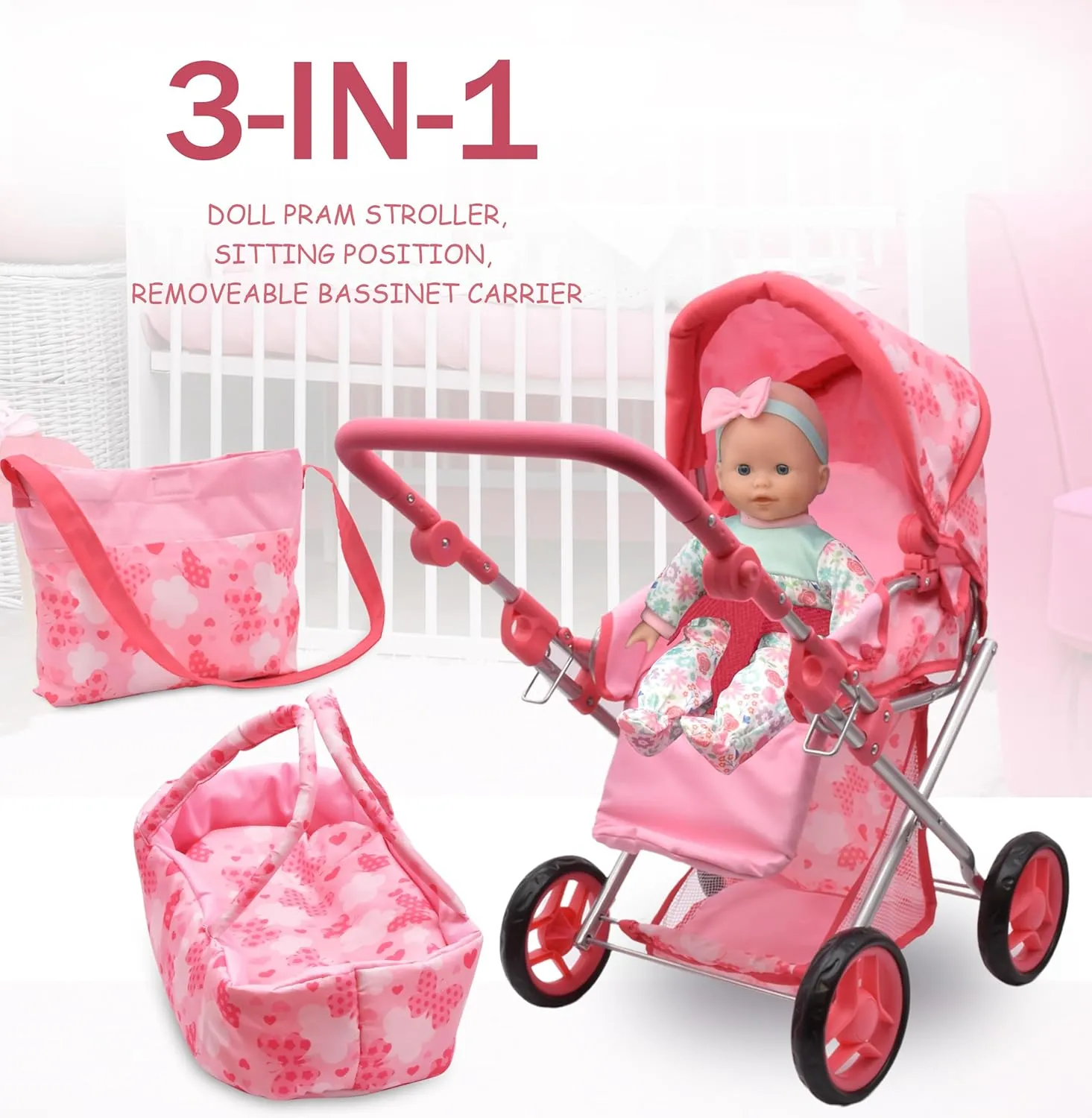 Baby Doll Convertible Pram Stroller with Removable Travel Bassinet Carrier for Kids Adjustable Handle Buggy Carriage with Canopy and Storage Basket 25 Inch Pink