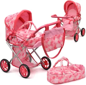 Baby Doll Convertible Pram Stroller with Removable Travel Bassinet Carrier for Kids Adjustable Handle Buggy Carriage with Canopy and Storage Basket 25 Inch Pink