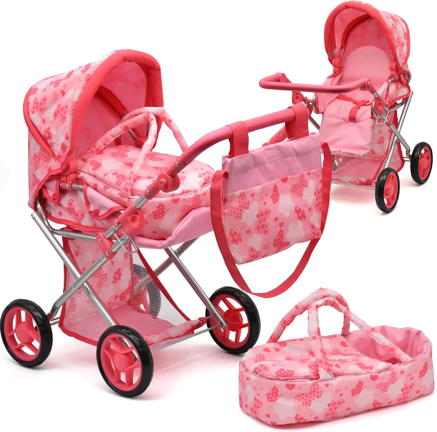 Baby Doll Convertible Pram Stroller with Removable Travel Bassinet Carrier for Kids Adjustable Handle Buggy Carriage with Canopy and Storage Basket 25 Inch Pink
