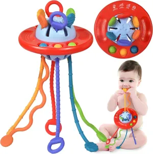 Baby Sensory Montessori Teething Toys for 24 Months, Pull String Silicone Teething Toy for 2 3 Year Old, Sensory Development Toddler Travel Toys for 2-3 Year Old Boy Girl Birthday Gifts(Red)