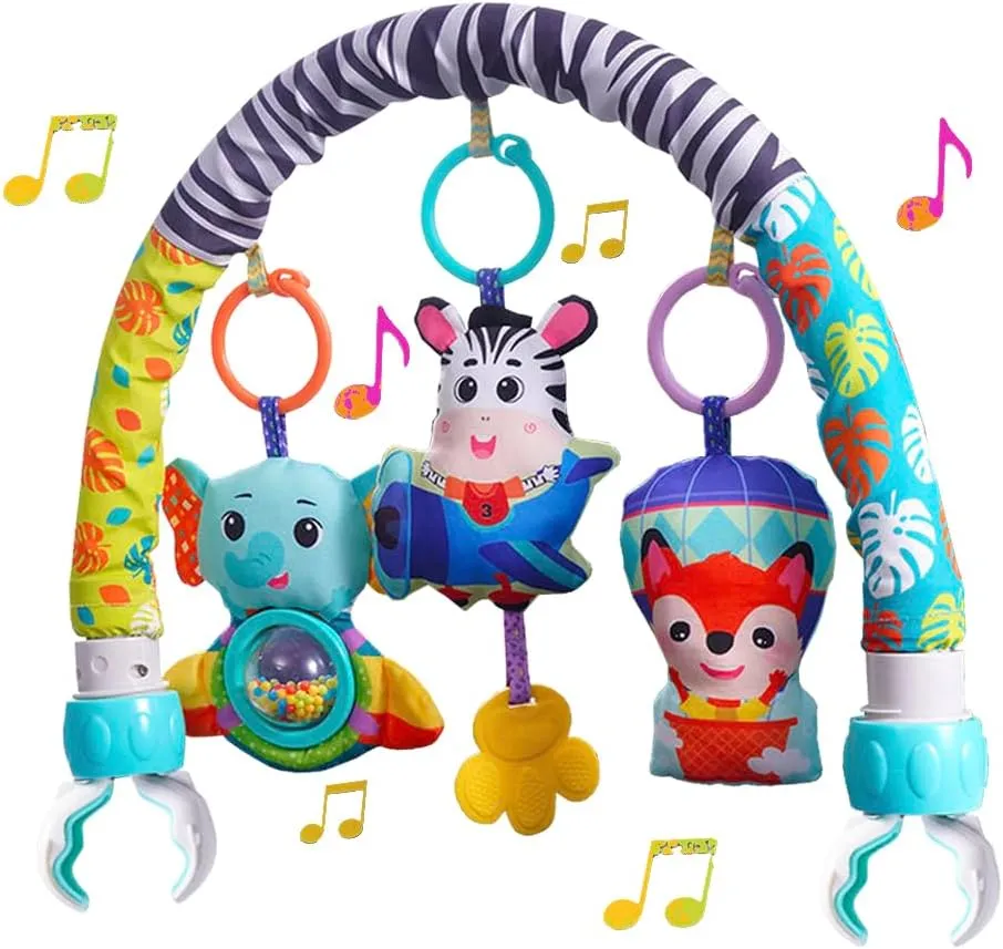 Baby Stroller Arch Mobile With Universal Clamps - Clip-On Activity Bar for Bassinet, Bouncer, Crib, Car Seat - Musical Infant Toys With Elephant Squeaker and Zebra Rattle