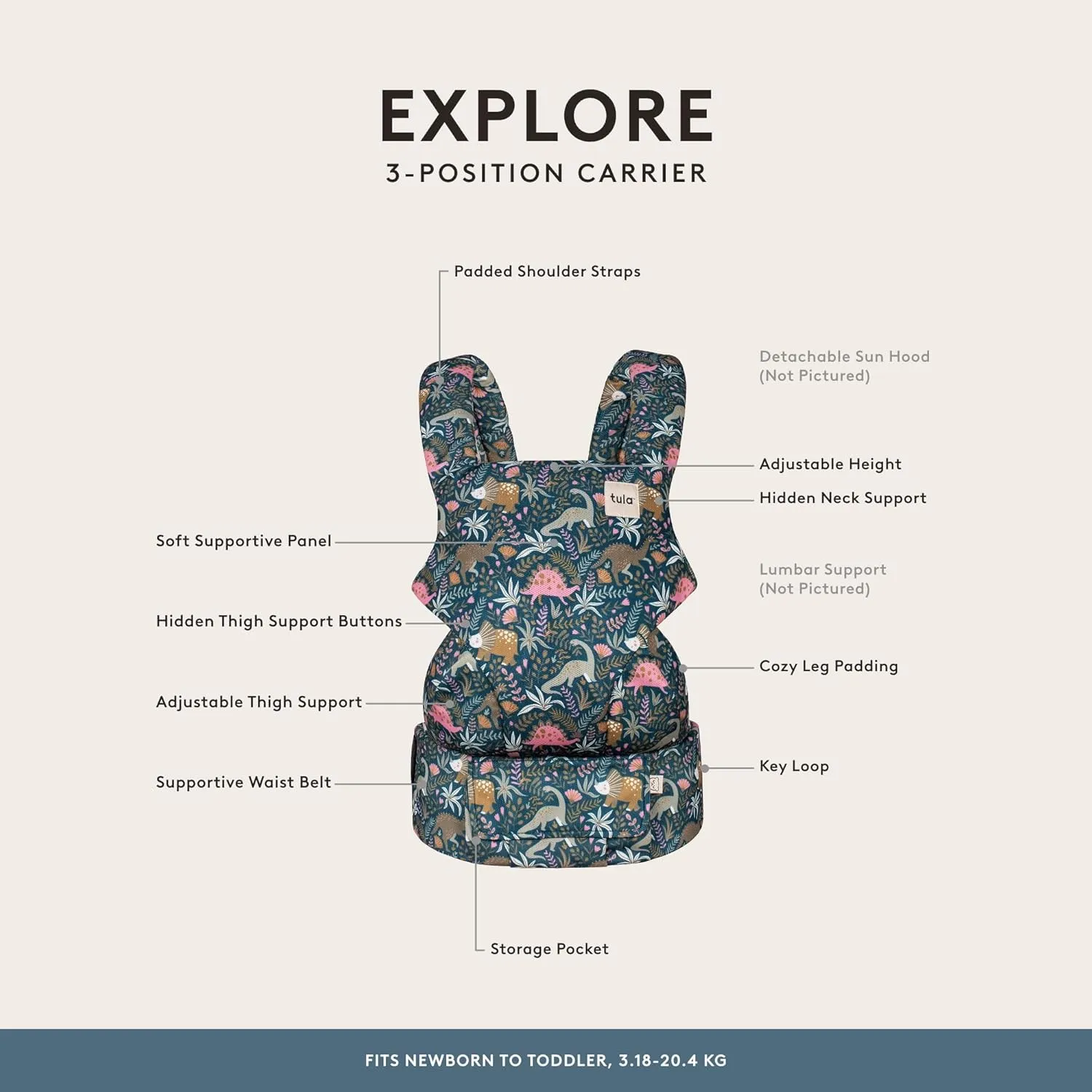 Baby Tula Explore Mesh Baby Carrier - 7-45 lb, Adjustable Newborn to Toddler, Multiple Ergonomic Positions Front and Back, Breathable and Cool - Coast   Mesh, Land Before Tula