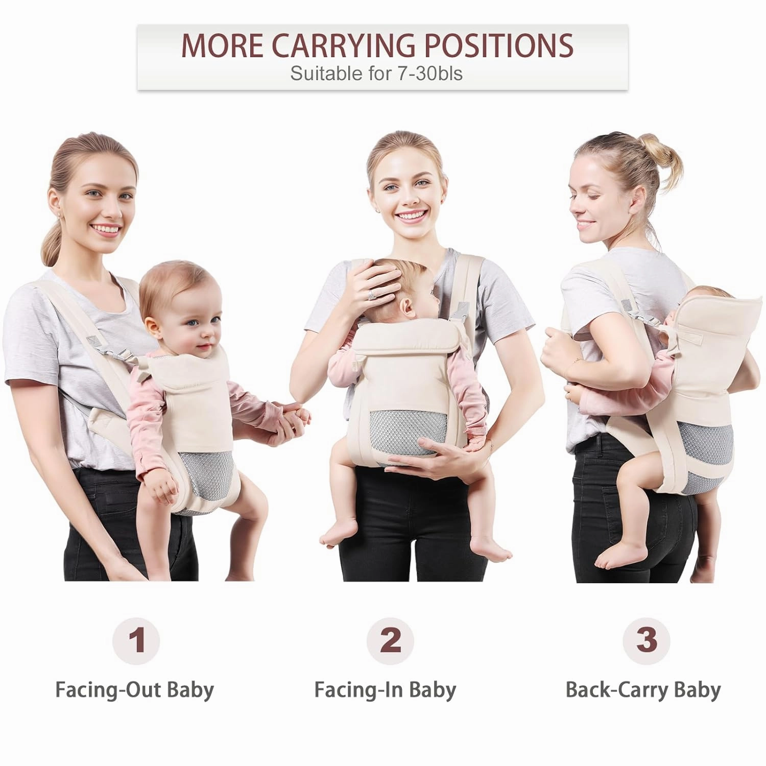 Baby Carrier Newborn to Toddler(7-30lbs), Toddler Carrier with Adjustable Shoulder Strap, Baby Holder Carrier with Breathable Mesh Fabric, Beige