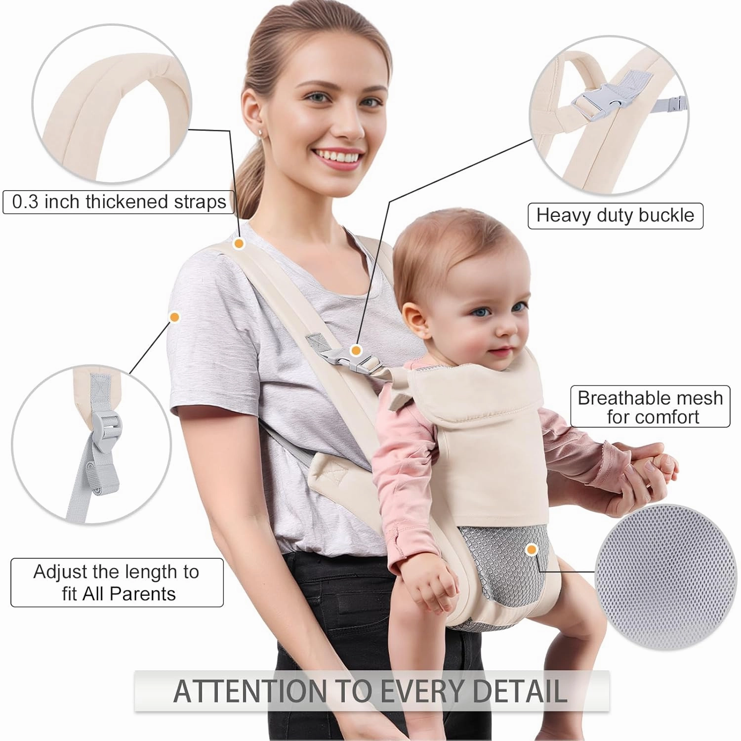 Baby Carrier Newborn to Toddler(7-30lbs), Toddler Carrier with Adjustable Shoulder Strap, Baby Holder Carrier with Breathable Mesh Fabric, Beige