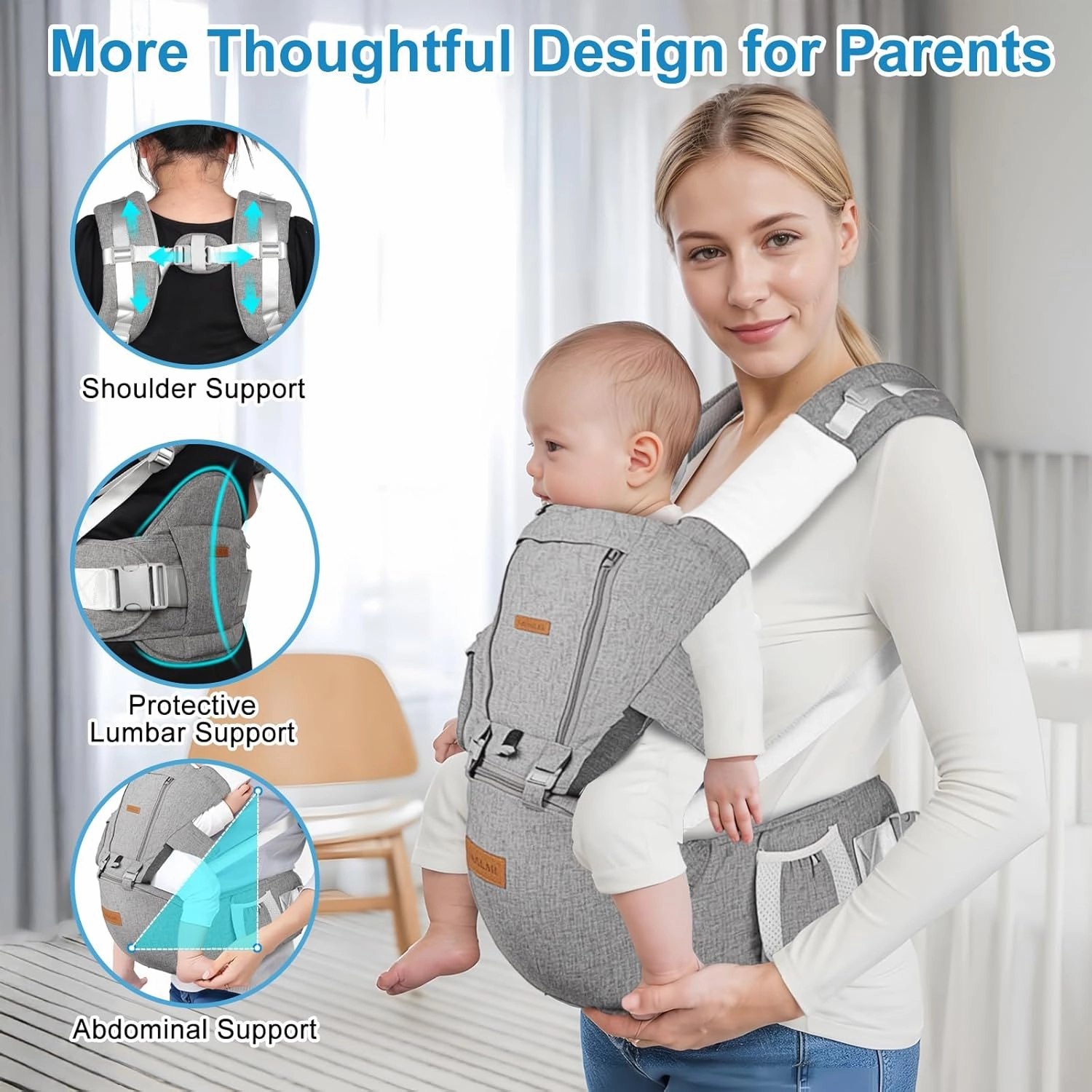 Baby Carrier Newborn to Toddler with Hip Seat & Lumbar Support, 9-in-1 Safety-Certified Wrap Carrier (4-36 Months/7-45lb) - Breathable Mesh Ergonomic Design for Front/Back/Hip Carry, Grey