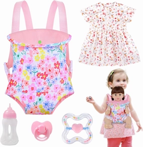 Baby Doll Carrier for 16-22 Inch Dolls,Reborn Doll Backpack Carrier for Little Girls with 18 inch Doll Clothes and Accessories Included Doll Carrier,Doll Dress,Feeding Bottle,Pacifier, Rattling Toy