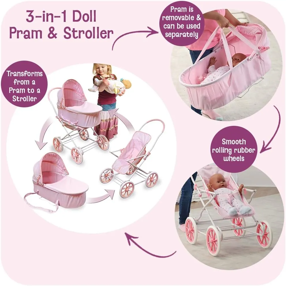 Badger Basket English Style Doll Stroller – Fits 18 to 22-inch Dolls, Classic Pretend Play Toy with Adjustable Canopy