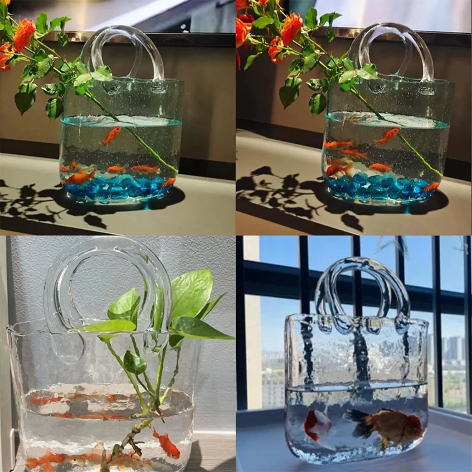Bag Flower Vase, with Handles Bubble Purse Vase with Fish Bowl Handbag Glass Vase, Glass Vase for Home Décor,Living Room,Office,Garden,Wedding,Style2-Blue