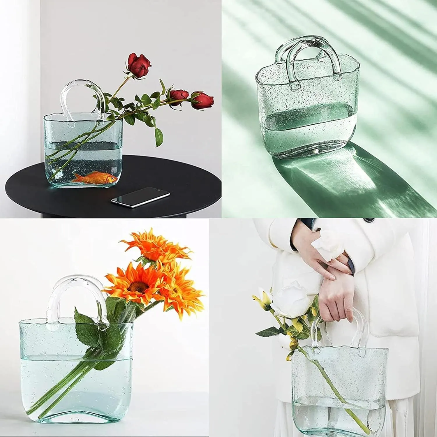 Bag Flower Vase, with Handles Bubble Purse Vase with Fish Bowl Handbag Glass Vase, Glass Vase for Home Décor,Living Room,Office,Garden,Wedding,Style2-Blue