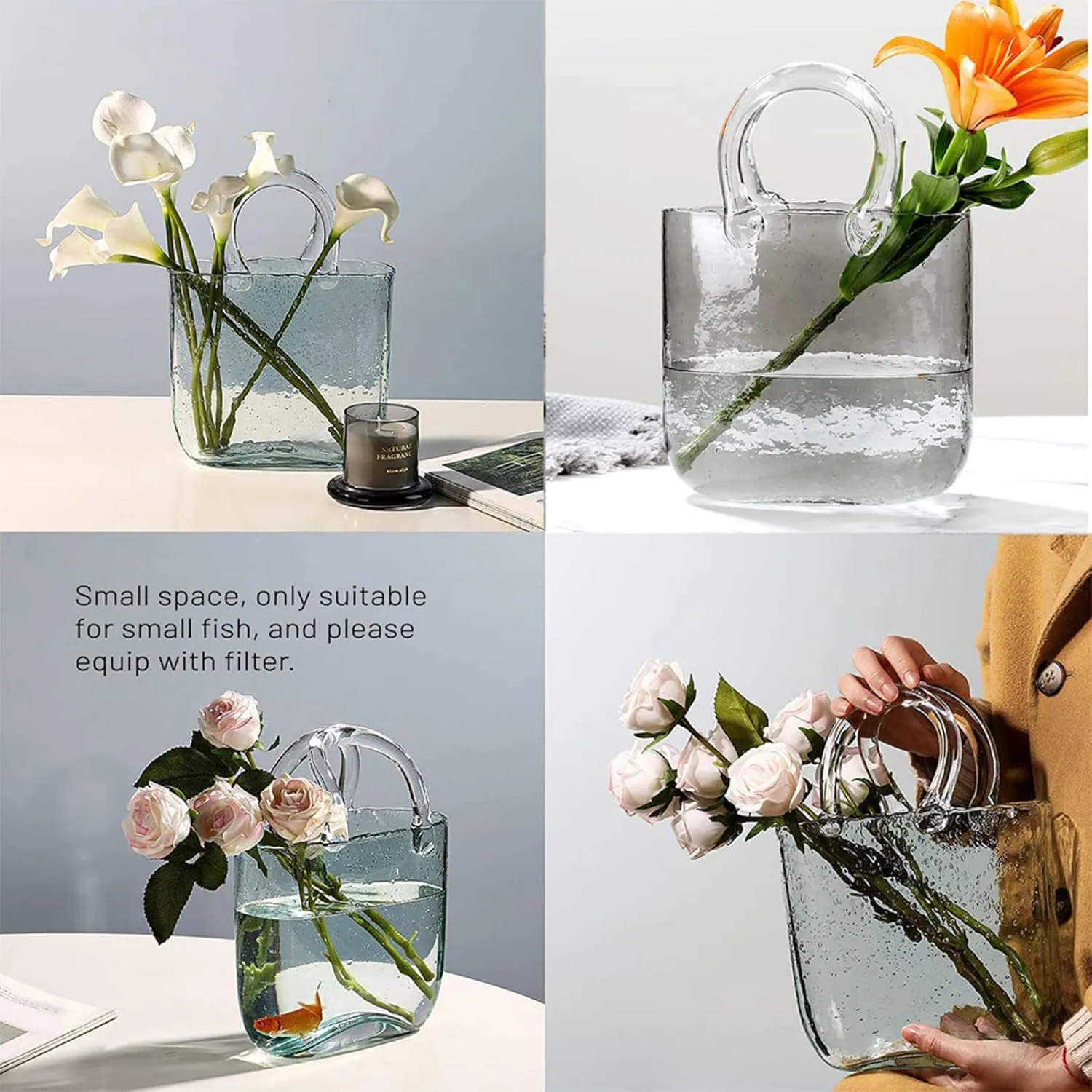 Bag Flower Vase, with Handles Bubble Purse Vase with Fish Bowl Handbag Glass Vase, Glass Vase for Home Décor,Living Room,Office,Garden,Wedding,Style2-Blue