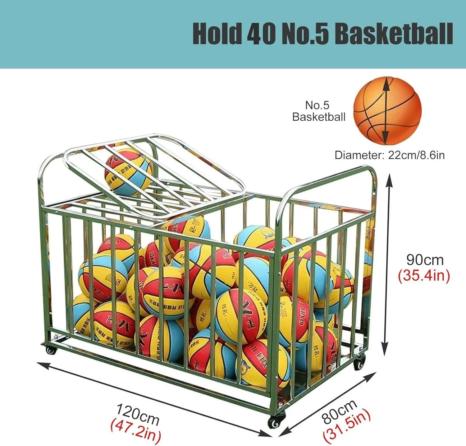 Ball Storage Garage Organizer Rolling Basketball Cart,for School/Church,with Wheels, Outdoor Waterproof Ball Bin Sports Equipment Rack Stand