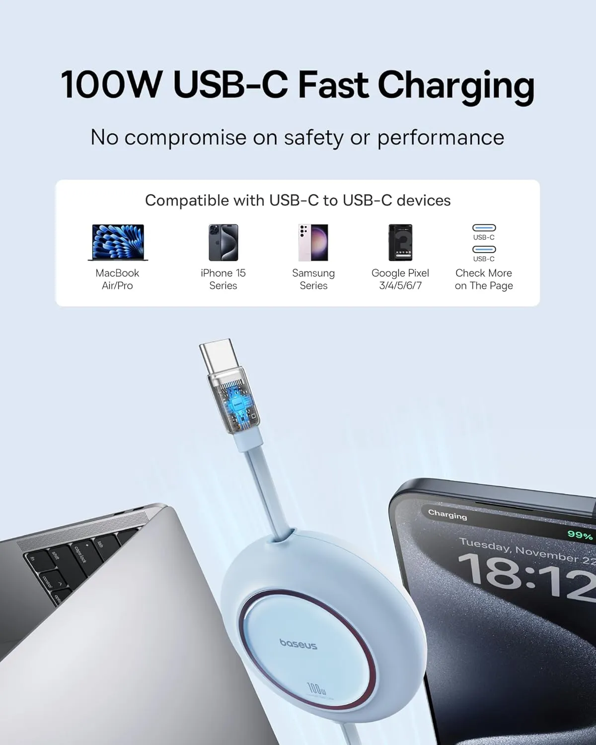 Baseus USB C Retractable Charger, PD 100W 6.6ft Fast Charging Cable for iPhone 15/Pro/Plus/Pro Max, MacBook, iPad Pro, Samsung S24/S23 