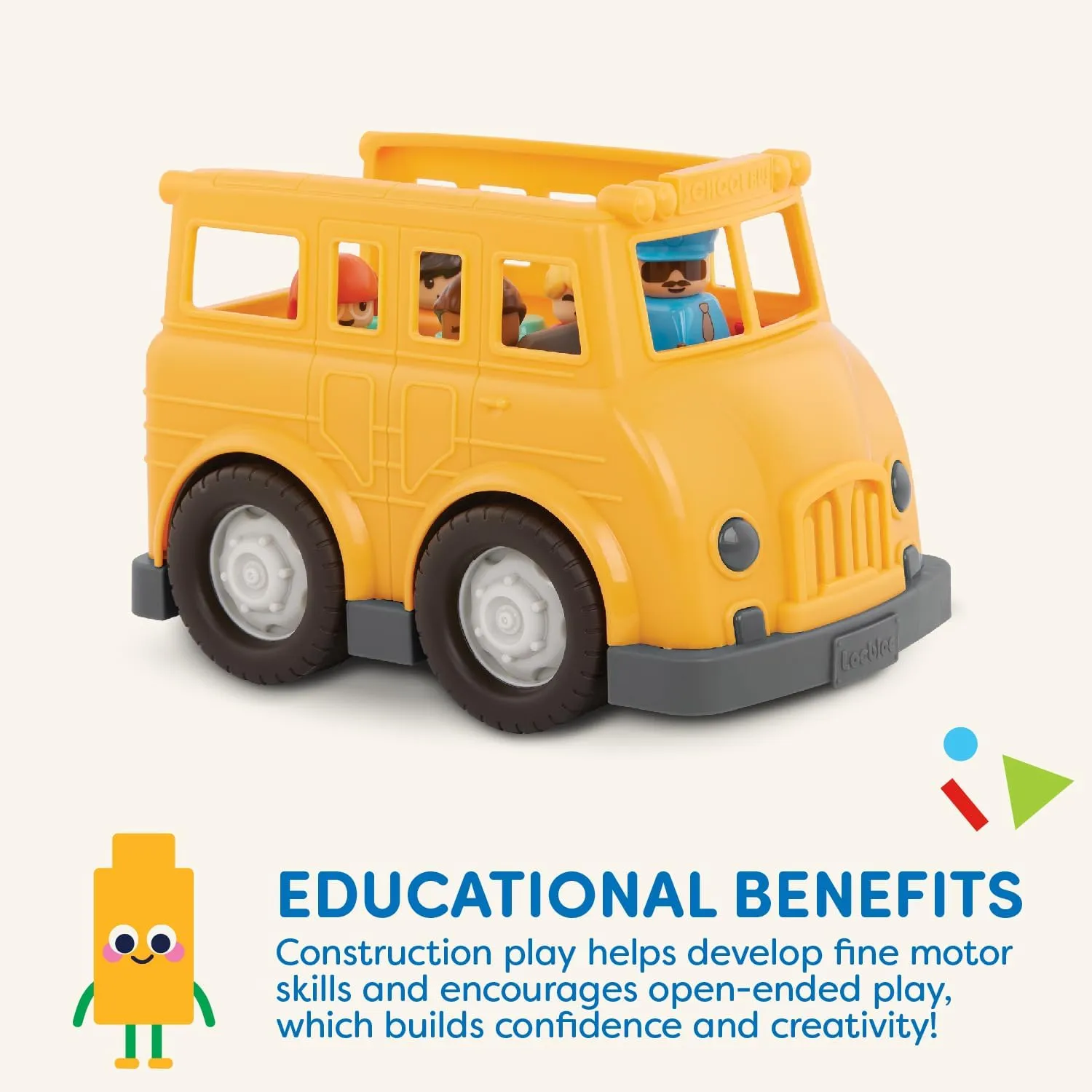 Battat – School Bus – 8Pc Construction Set – 5 Figures & 2 Blocks – Build-On Vehicle – 12 Months   – Locbloc® School Bus