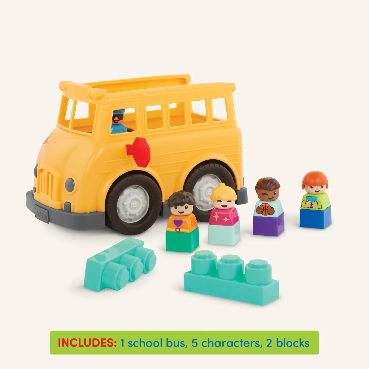 Battat – School Bus – 8Pc Construction Set – 5 Figures & 2 Blocks – Build-On Vehicle – 12 Months   – Locbloc® School Bus