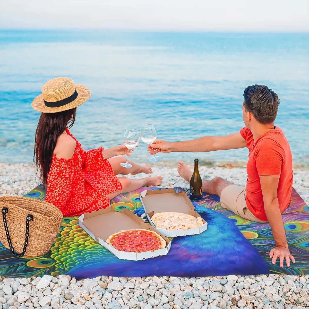 Beach Blanket, Animal Sandproof Beach Mat, Waterproof Quick Drying Sand Free Mat with 4 x Ground Spikes for Outdoor Travel Camping Hiking, Peacocks 68 x 59 in
