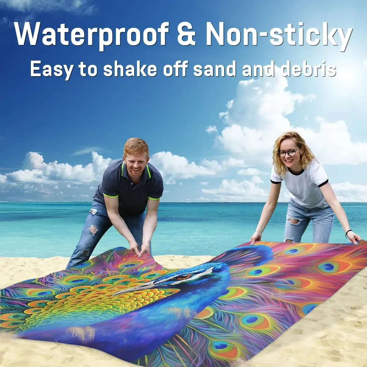Beach Blanket, Animal Sandproof Beach Mat, Waterproof Quick Drying Sand Free Mat with 4 x Ground Spikes for Outdoor Travel Camping Hiking, Peacocks 68 x 59 in