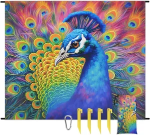 Beach Blanket, Animal Sandproof Beach Mat, Waterproof Quick Drying Sand Free Mat with 4 x Ground Spikes for Outdoor Travel Camping Hiking, Peacocks 68 x 59 in