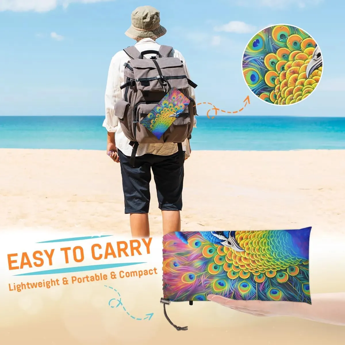 Beach Blanket, Animal Sandproof Beach Mat, Waterproof Quick Drying Sand Free Mat with 4 x Ground Spikes for Outdoor Travel Camping Hiking, Peacocks 68 x 59 in