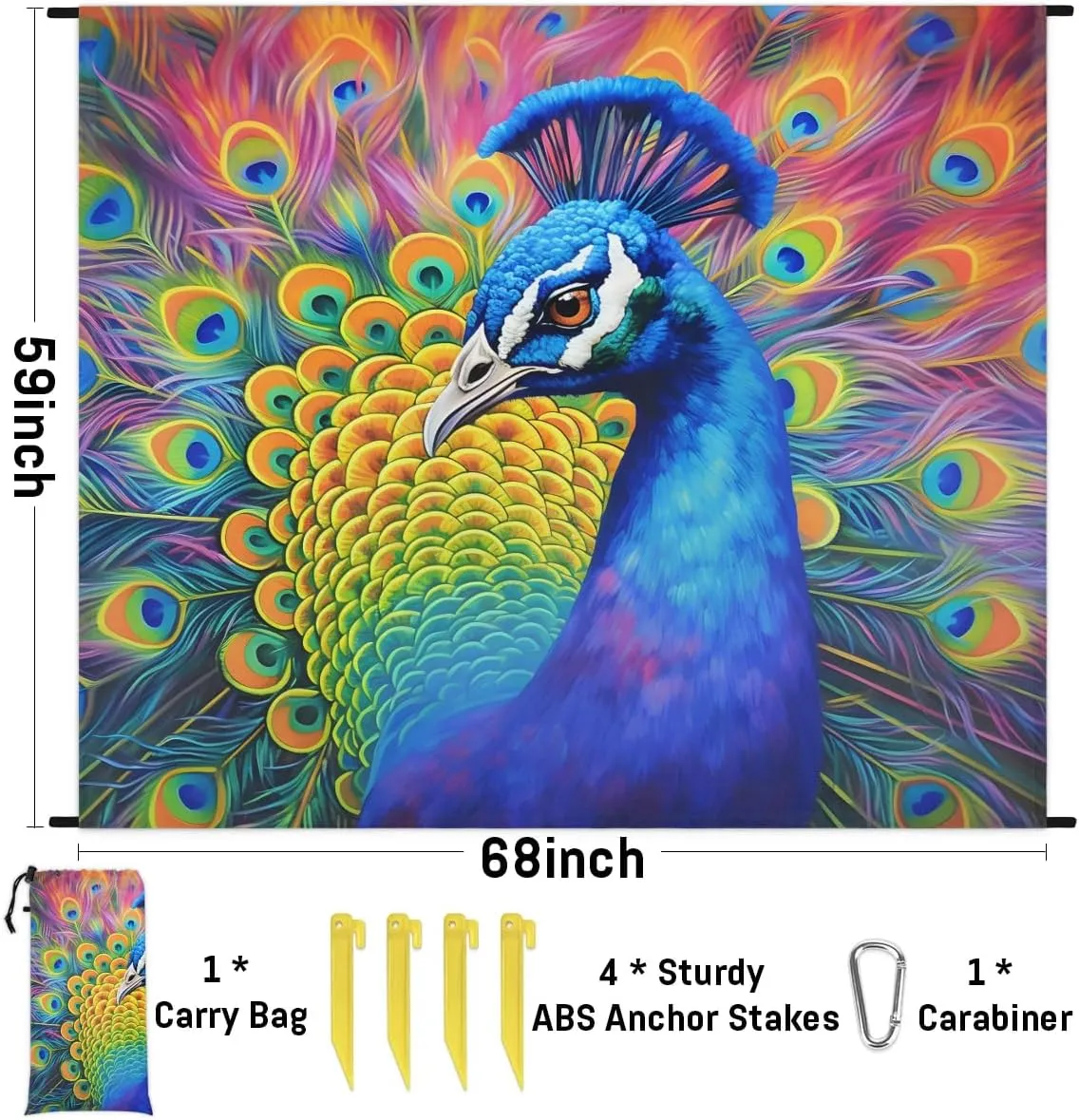 Beach Blanket, Animal Sandproof Beach Mat, Waterproof Quick Drying Sand Free Mat with 4 x Ground Spikes for Outdoor Travel Camping Hiking, Peacocks 68 x 59 in