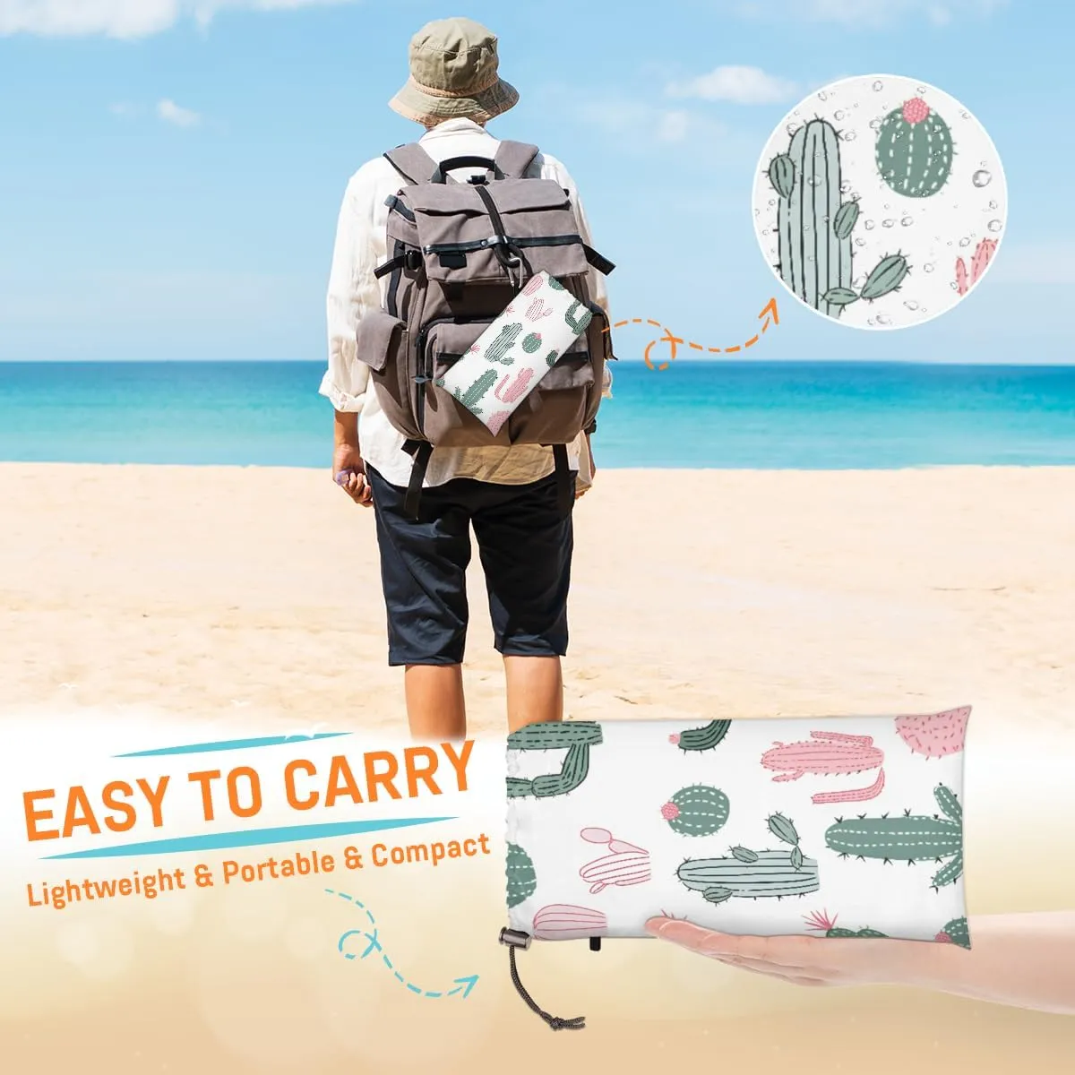 Beach Blanket, Cactus Sandproof Beach Mat, Waterproof Quick Drying Sand Free Mat with 4 x Ground Spikes for Outdoor Travel Camping Hiking, Cute 68 x 59 in