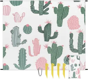 Beach Blanket, Cactus Sandproof Beach Mat, Waterproof Quick Drying Sand Free Mat with 4 x Ground Spikes for Outdoor Travel Camping Hiking, Cute 68 x 59 in
