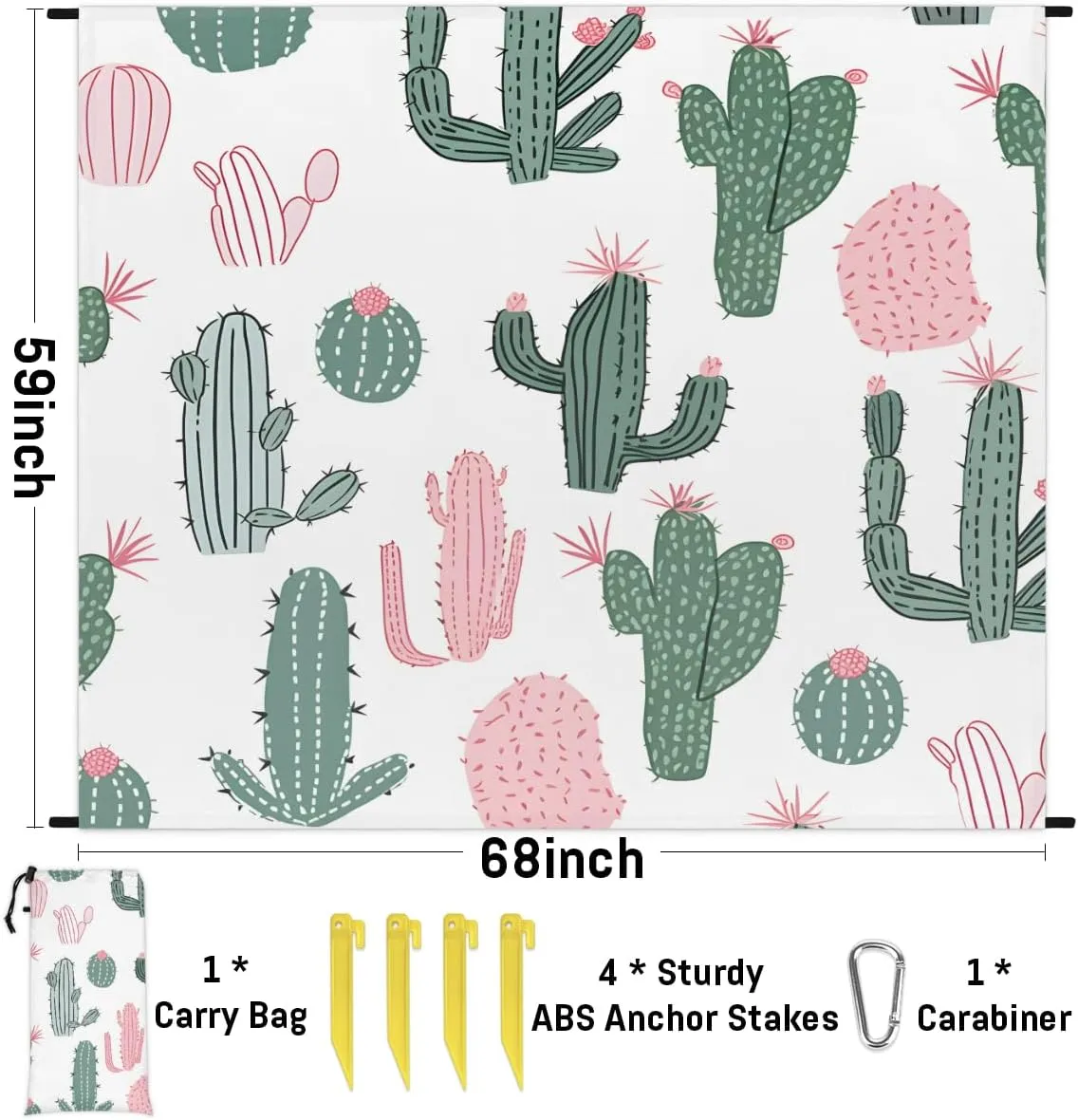 Beach Blanket, Cactus Sandproof Beach Mat, Waterproof Quick Drying Sand Free Mat with 4 x Ground Spikes for Outdoor Travel Camping Hiking, Cute 68 x 59 in