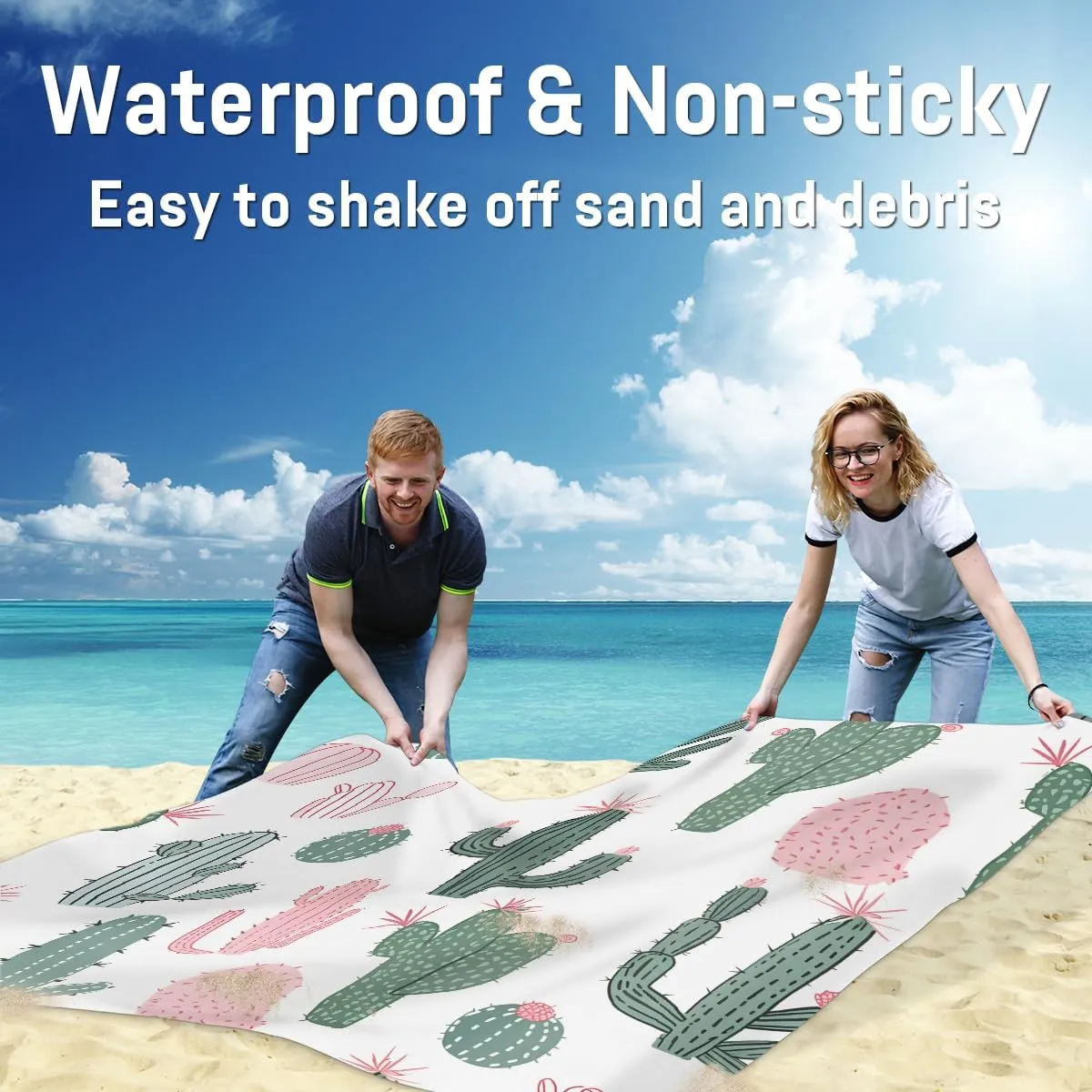 Beach Blanket, Cactus Sandproof Beach Mat, Waterproof Quick Drying Sand Free Mat with 4 x Ground Spikes for Outdoor Travel Camping Hiking, Cute 68 x 59 in