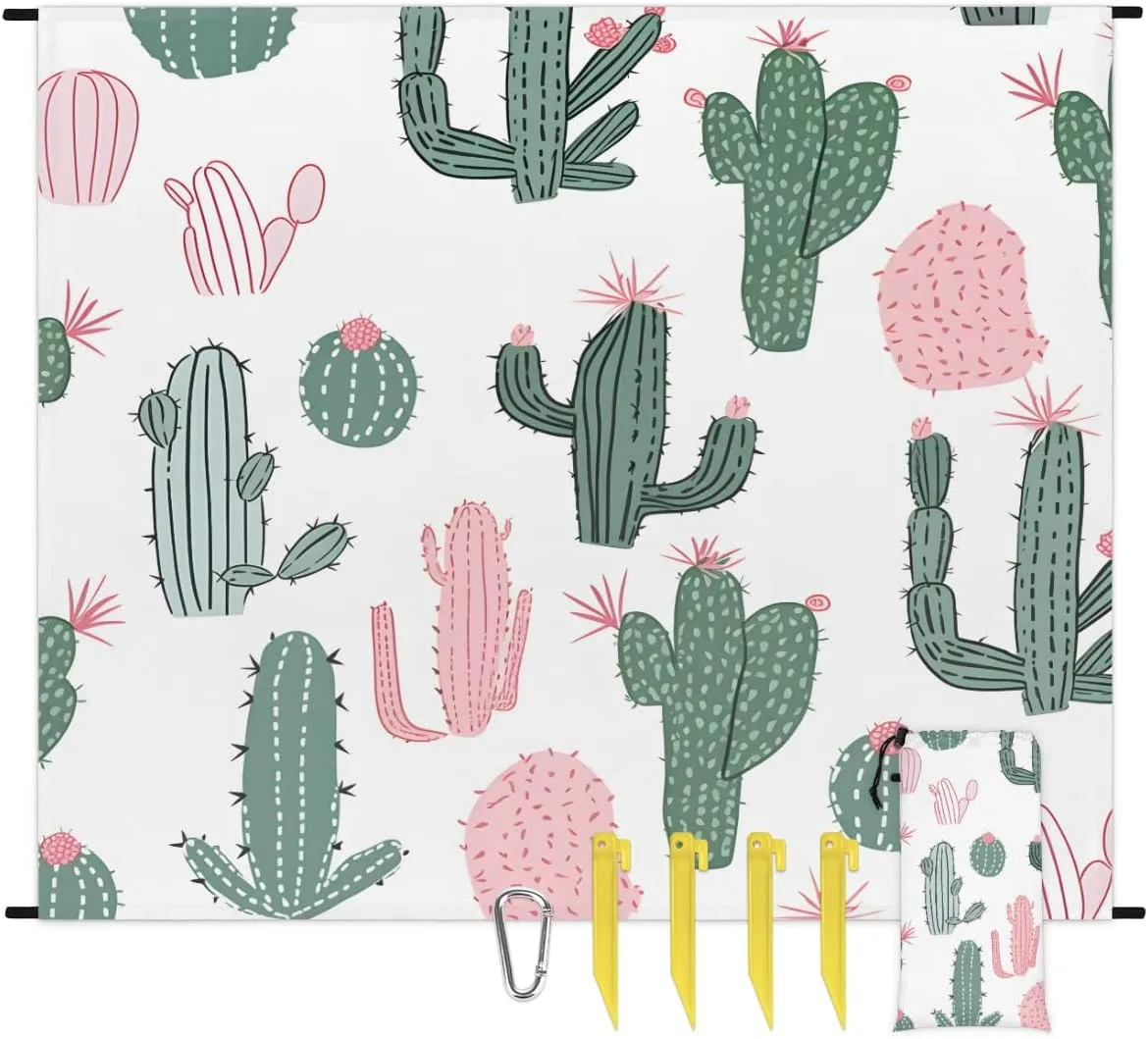 Beach Blanket, Cactus Sandproof Beach Mat, Waterproof Quick Drying Sand Free Mat with 4 x Ground Spikes for Outdoor Travel Camping Hiking, Cute 68 x 59 in
