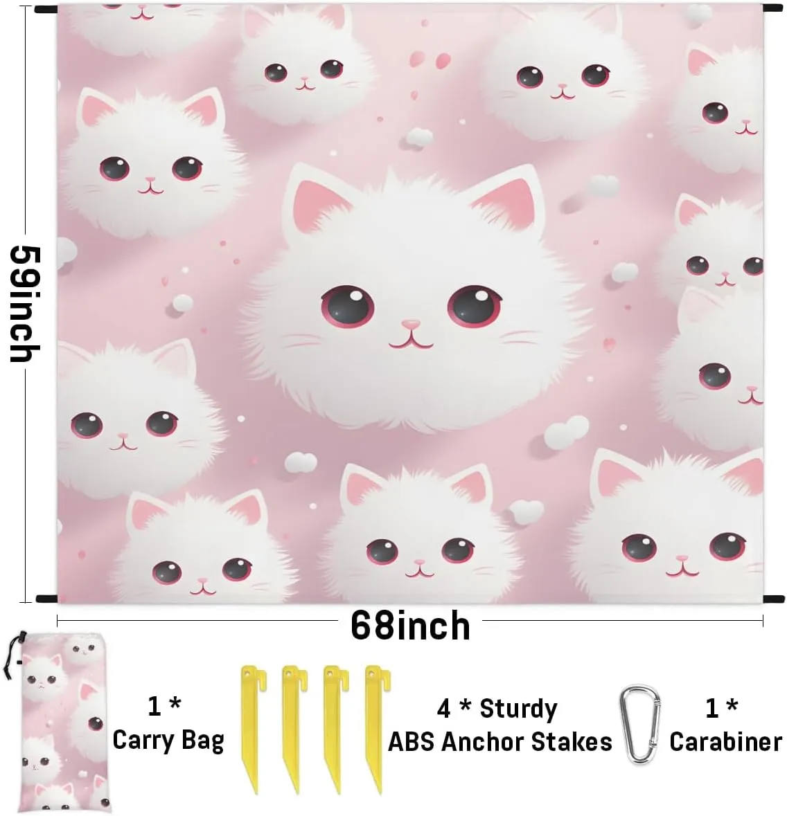 Beach Blanket, Cute Cat Sandproof Beach Mat, Waterproof Quick Drying Sand Free Mat with 4 x Ground Spikes for Outdoor Travel Camping Hiking, Pet Cat 68 x 59 in