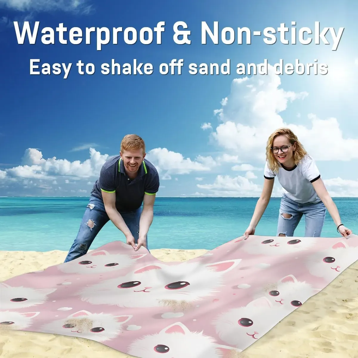 Beach Blanket, Cute Cat Sandproof Beach Mat, Waterproof Quick Drying Sand Free Mat with 4 x Ground Spikes for Outdoor Travel Camping Hiking, Pet Cat 68 x 59 in
