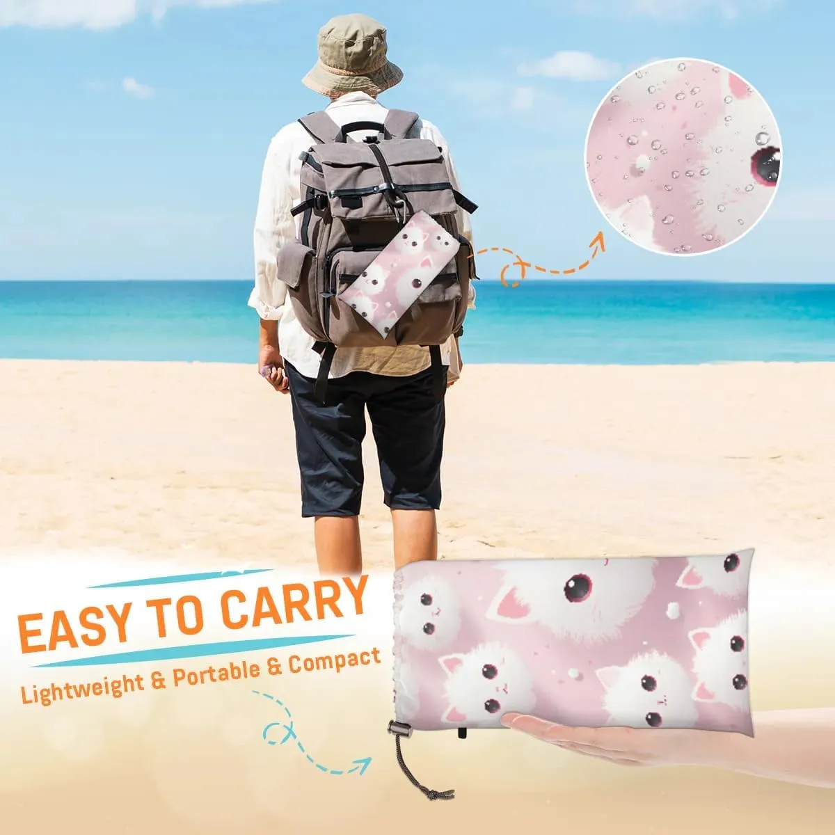 Beach Blanket, Cute Cat Sandproof Beach Mat, Waterproof Quick Drying Sand Free Mat with 4 x Ground Spikes for Outdoor Travel Camping Hiking, Pet Cat 68 x 59 in