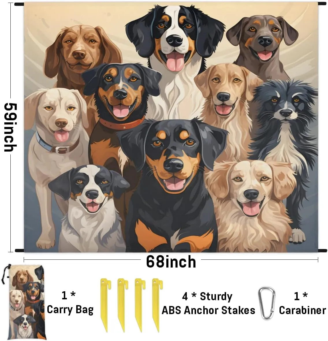 Beach Blanket, Cute Dog Sandproof Beach Mat, Waterproof Quick Drying Sand Free Mat with 4 x Ground Spikes for Outdoor Travel Camping Hiking, Dog Themed 68 x 59 in