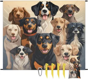 Beach Blanket, Cute Dog Sandproof Beach Mat, Waterproof Quick Drying Sand Free Mat with 4 x Ground Spikes for Outdoor Travel Camping Hiking, Dog Themed 68 x 59 in