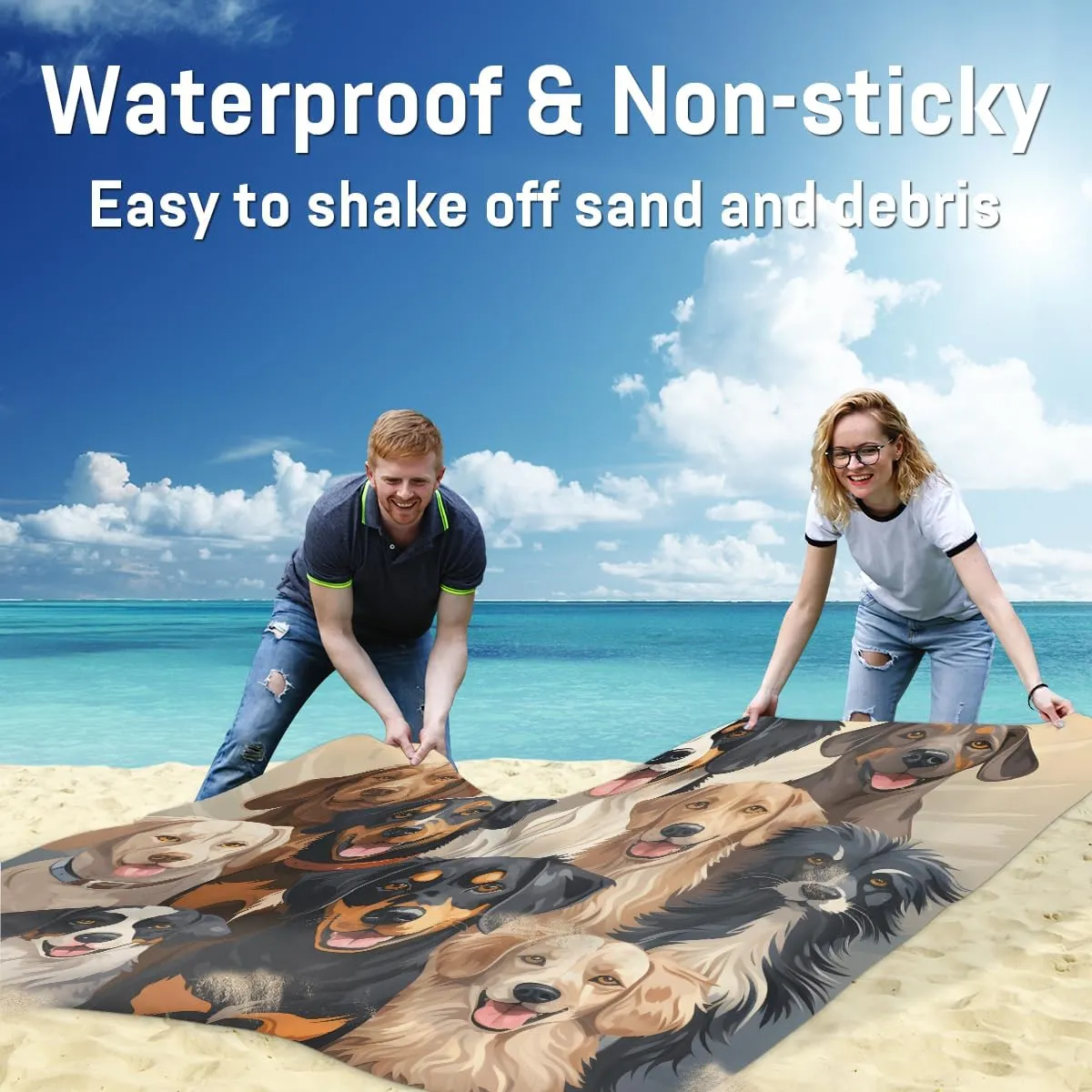 Beach Blanket, Cute Dog Sandproof Beach Mat, Waterproof Quick Drying Sand Free Mat with 4 x Ground Spikes for Outdoor Travel Camping Hiking, Dog Themed 68 x 59 in