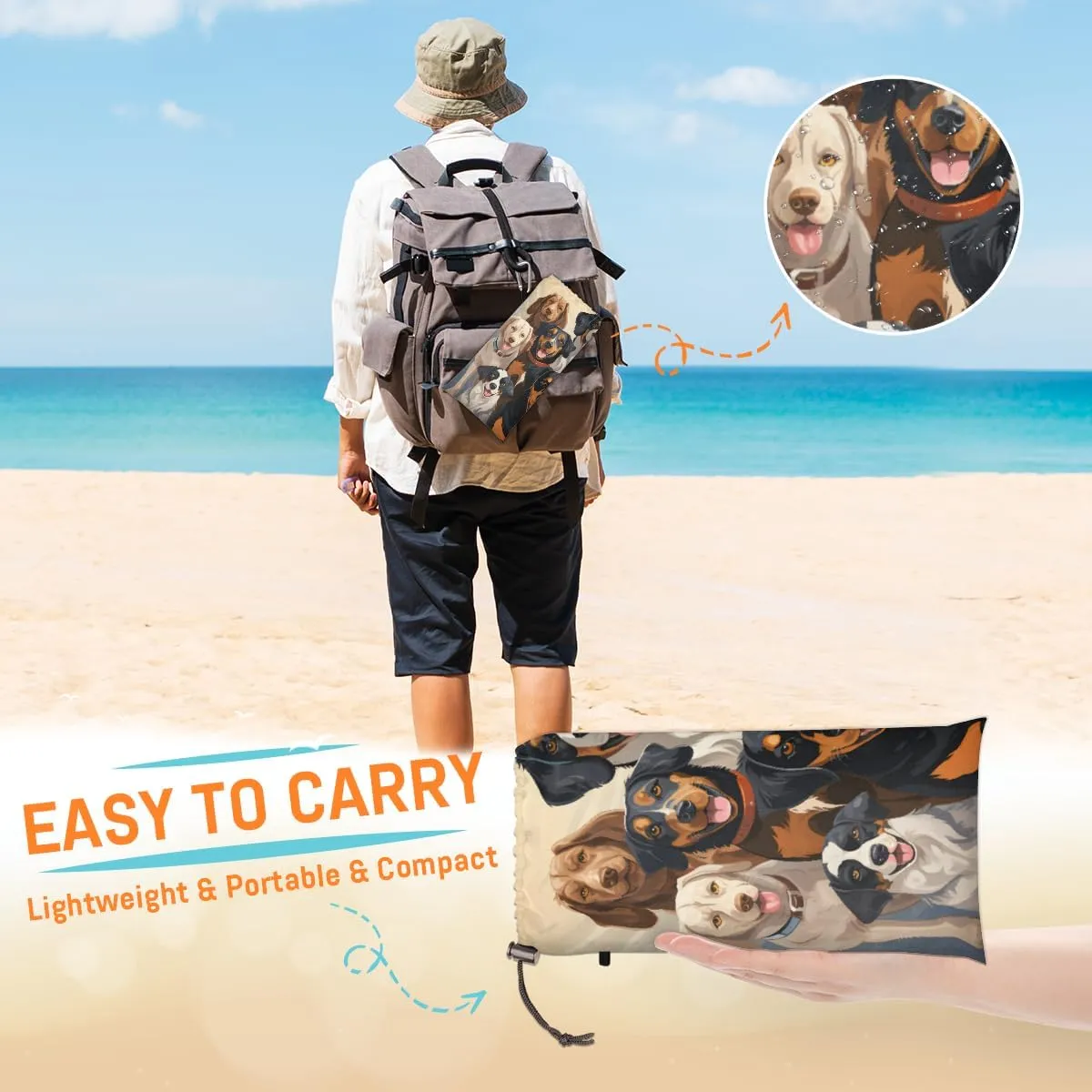 Beach Blanket, Cute Dog Sandproof Beach Mat, Waterproof Quick Drying Sand Free Mat with 4 x Ground Spikes for Outdoor Travel Camping Hiking, Dog Themed 68 x 59 in