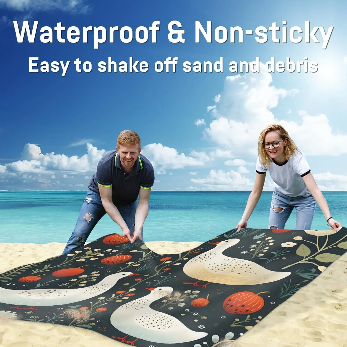 Beach Blanket, Cute Ducks Sandproof Beach Mat, Waterproof Quick Drying Sand Free Mat with 4 x Ground Spikes for Outdoor Travel Camping Hiking, Wild Ducks 68 x 59 in