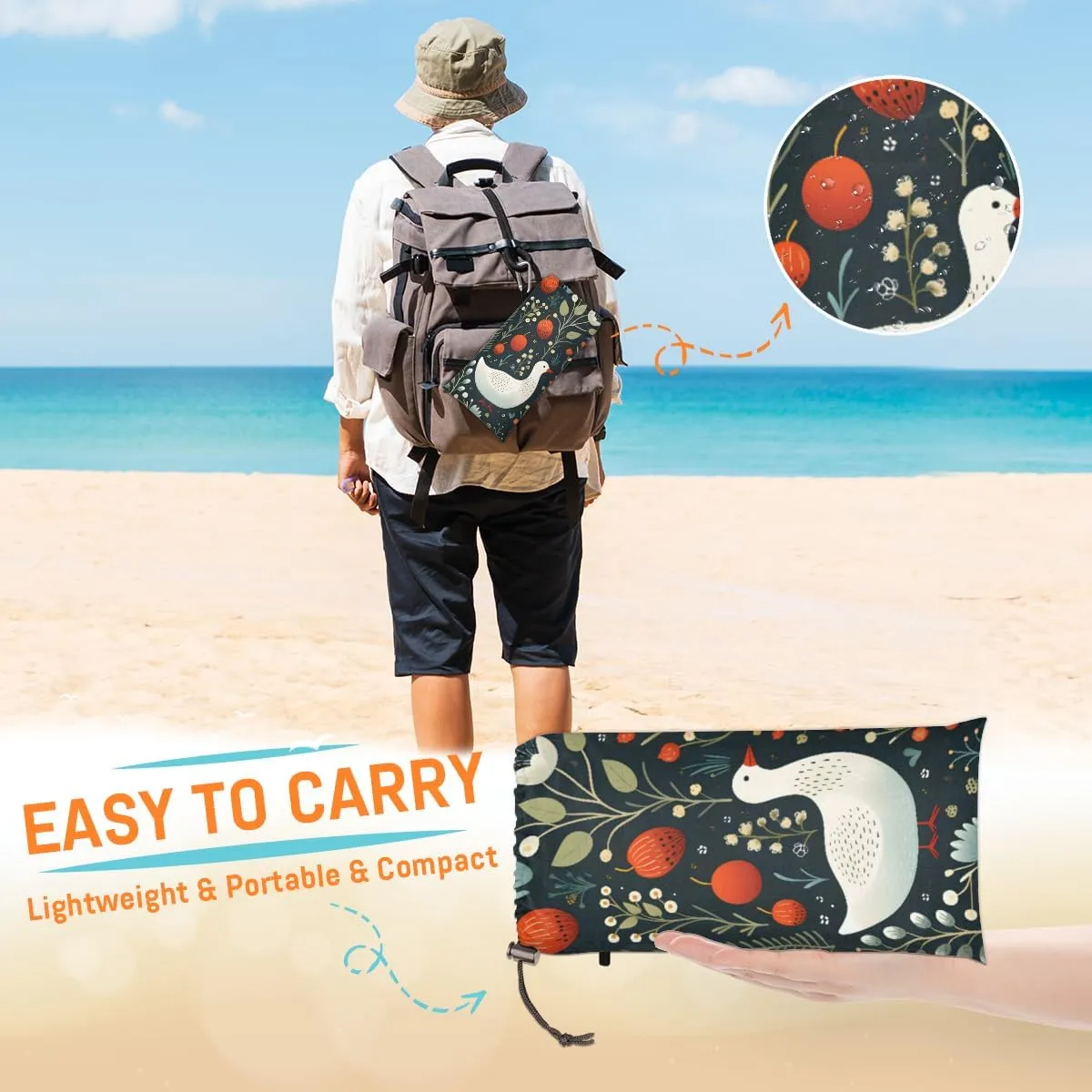 Beach Blanket, Cute Ducks Sandproof Beach Mat, Waterproof Quick Drying Sand Free Mat with 4 x Ground Spikes for Outdoor Travel Camping Hiking, Wild Ducks 68 x 59 in
