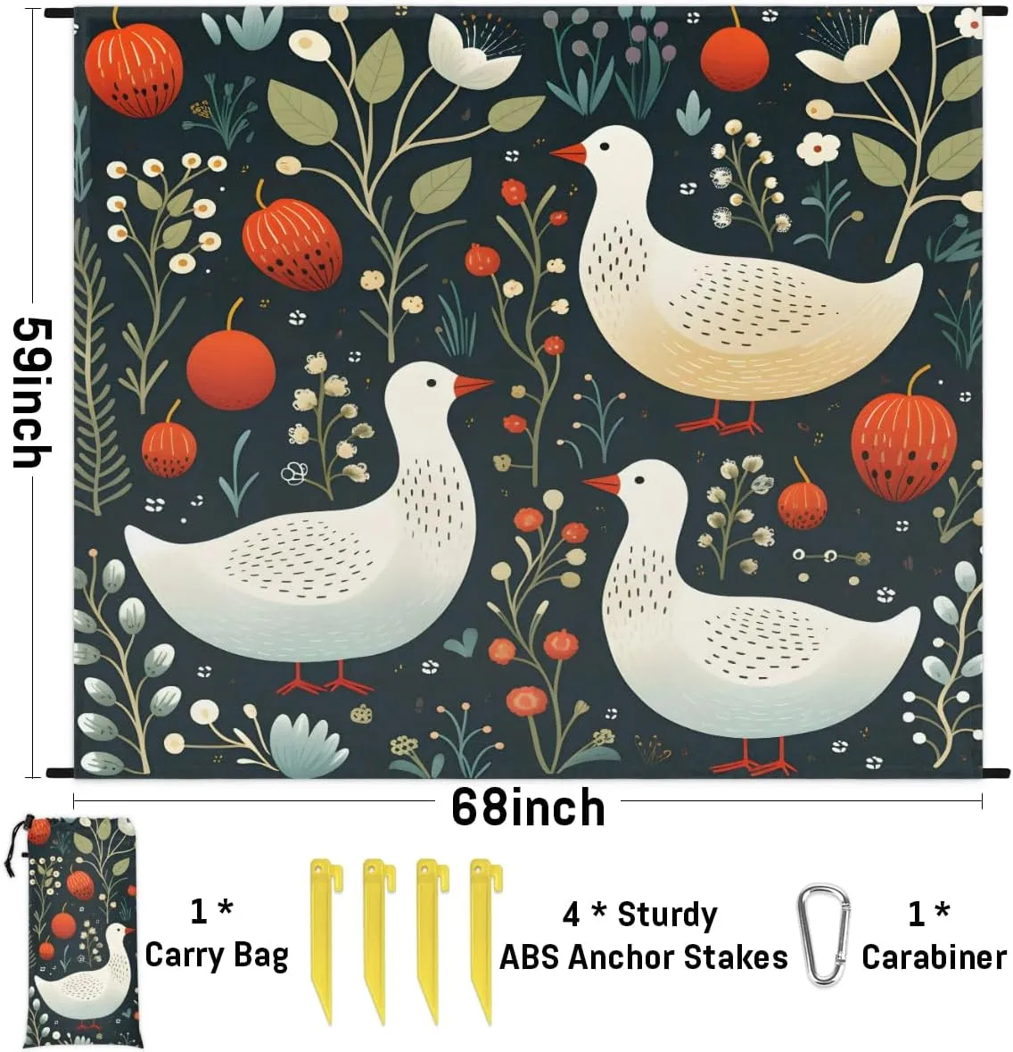 Beach Blanket, Cute Ducks Sandproof Beach Mat, Waterproof Quick Drying Sand Free Mat with 4 x Ground Spikes for Outdoor Travel Camping Hiking, Wild Ducks 68 x 59 in